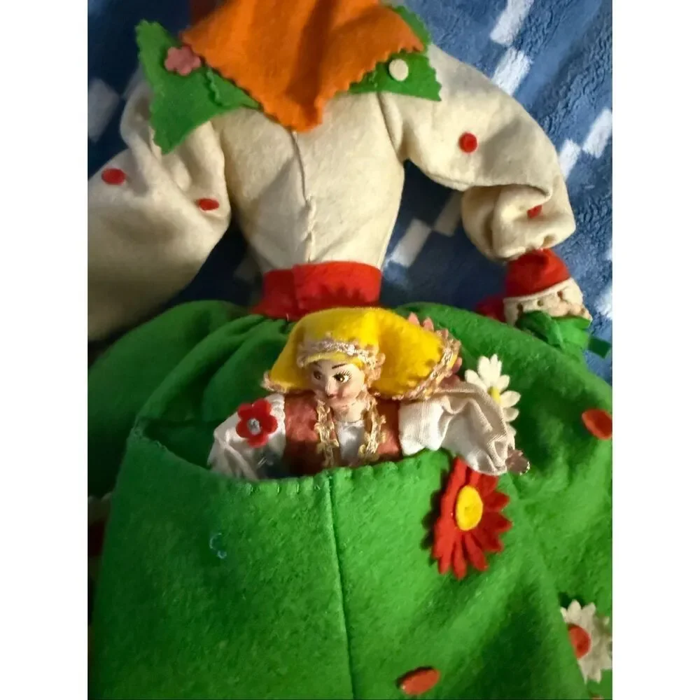 Vintage Lucianda Argentina Folk Art Doll Floral Felt Dress Handmade Souvenir